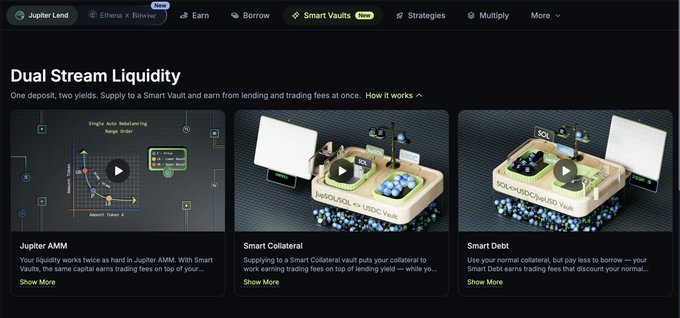 A screenshot of the 'Jupiter Lend' website showing a 'Dual Stream Liquidity' section with options for 'Jupiter AMM', 'Smart Collateral', and 'Smart Debt' vaults.