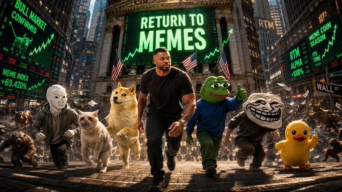 A muscular Will Smith leads a charge of iconic meme characters—Wojak, Cat, Cash Cat, Pepe, Troll, and a yellow duck—down Wall Street beneath signs reading "RETURN TO MEMES," "BULL MARKET CONFIRMED," "MEME COIN SEASON," and "RTM ALPHA +1000%," perfectly capturing the post's rallying cry of "$wojak $cashcat $doge $pepe $troll $utya" as a triumphant meme coin bull run.
