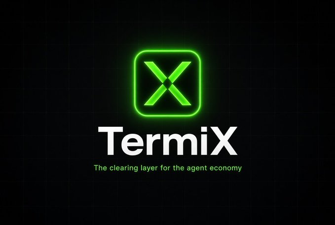 A logo for 'Termix' featuring a glowing green square with an 'X' inside, with the tagline 'The clearing layer for the agent economy' on a dark background.