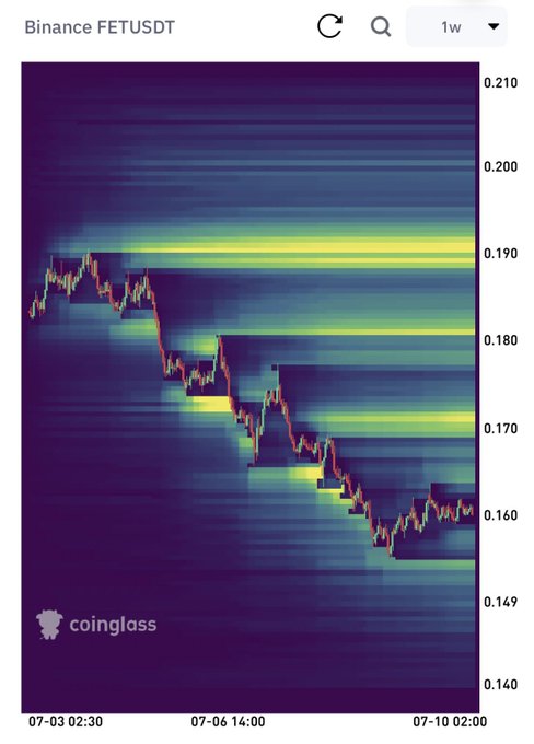 A trading chart for Binance FETUSDT on a 1-week timeframe from Coinglass, showing a downward price trend with a heatmap overlay, declining from around 0.190 to 0.160 between 07-03 and 07-10.