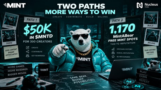 A promotional graphic featuring an anthropomorphic white bear in sunglasses and a '$MINT' jacket, advertising 'TWO PATHS MORE WAYS TO WIN' with Path 1 offering '$50K IN $MNTD FOR 300 CREATORS' and Path 2 offering '1,170 MintABear FREE MINT SPOTS TIED TO REPUTATION', branded with Nucleus Codex.