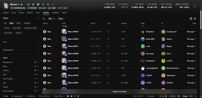 A dark-themed NFT marketplace dashboard (appears to be OpenSea based on the layout) showing a user's 'Momo' crypto profile with a 0.0015 ETH floor price and an activity log of NFT sales including Momo #4007, Momo #4043, and others.