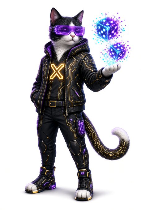 The image shows a sleek cyberpunk-styled tuxedo cat mascot wearing glowing purple VR-style visors and a futuristic black tech jacket featuring a glowing yellow "X" emblem, conjuring two holographic dice—perfectly embodying the premium, provably-fair Web3 gaming identity of LUCKY X.