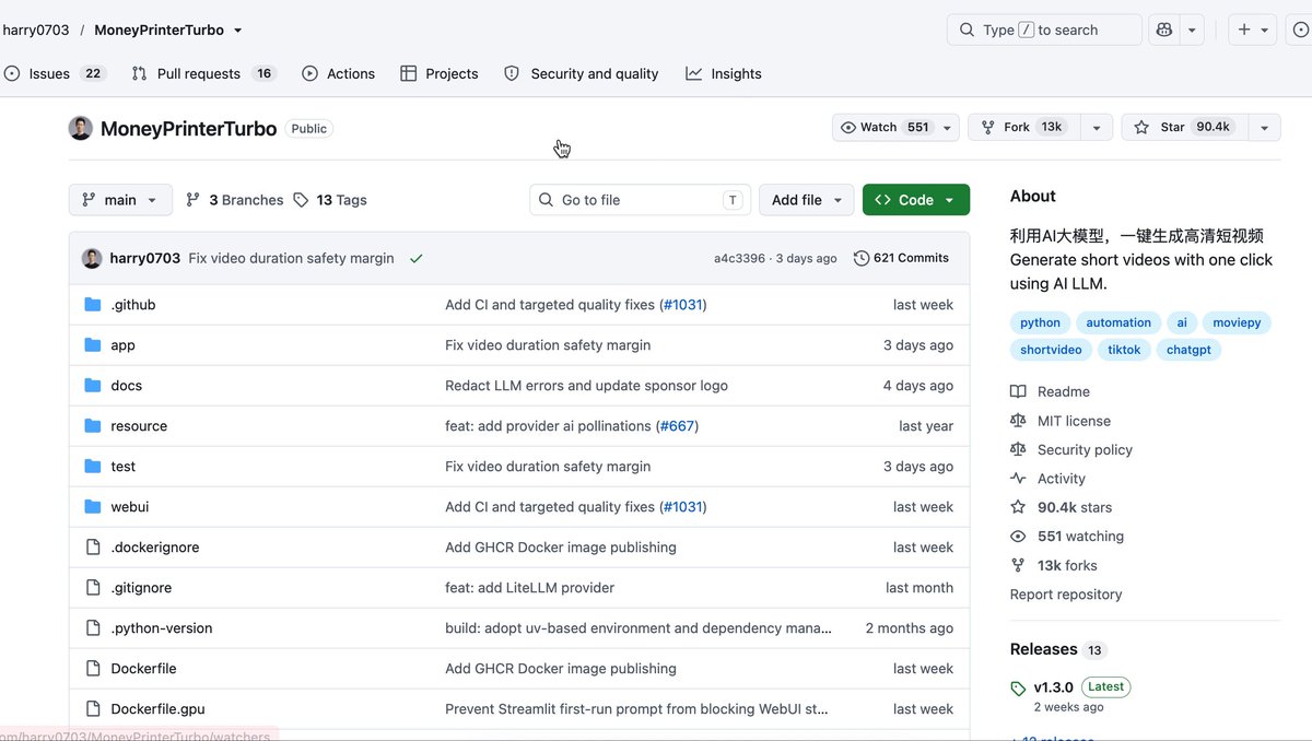 The image shows a computer screen displaying a webpage with a list of files, including a video titled "MoneyPrinterTurbo" that has 90k+ stars and mentions a cash cow short project. The website also provides information about the project's source code, which is open-source and ready to be posted on TikTok or YouTube Shorts.