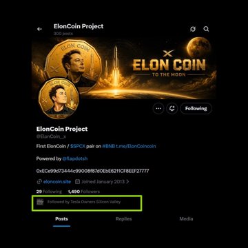 The image shows the X profile page for "ElonCoin Project" (@Elon_coin_x), featuring an ELON COIN "To the Moon" banner and displaying 29 following accounts—including the highlighted "Followed by Tesla Owners Silicon Valley"—alongside metrics showing 1,485 followers and the join date January 2013. This aligns with the post's claim of a 160% price rally, as the verified follow by the Tesla-linked account likely fueled the surge.