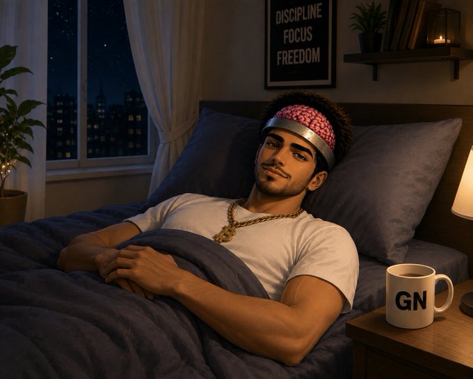 A man with a brain headband lies in bed at night, with a "GN" mug on the nightstand and a framed poster reading "DISCIPLINE FOCUS FREEDOM" on the wall, visually tying into the post's BelNet 1.4.1 update announcement and its emphasis on a polished user experience.