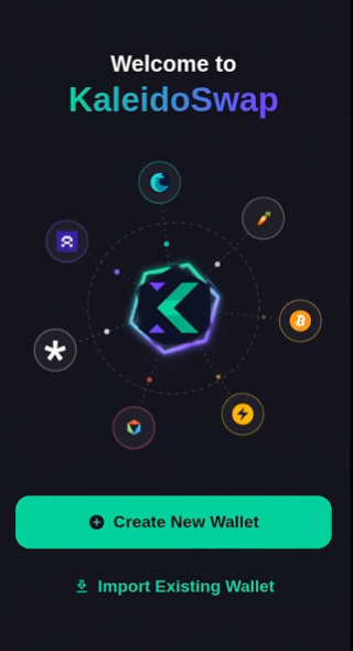 A dark welcome screen for 'KaleidoSwap' cryptocurrency wallet with options to create or import a wallet, surrounded by various crypto chain logos.