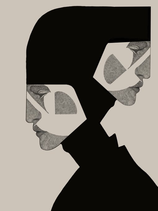 Black and white stylized illustration of two profile faces with geometric shapes cut into them, creating a surreal double-exposure effect.