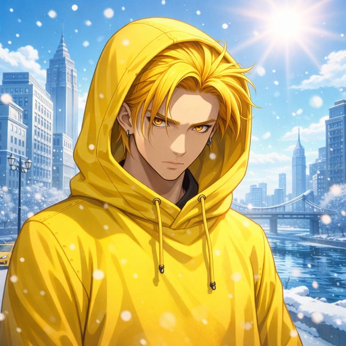 iced coffee cup with a yellow lid, snow-covered cityscape, and a young man in a yellow hoodie against a blue sky.