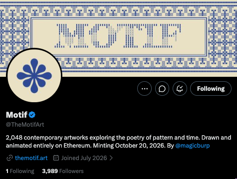 Twitter/X profile page for 'Motif' (@TheMotiArt), a verified account with 3,983 followers, displaying a banner with the word 'MINTING' in a decorative blue and white pattern.