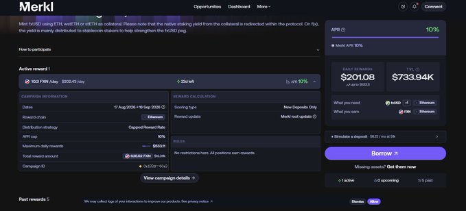A screenshot of the Merkl DeFi platform showing an active reward opportunity to mint NUSD using ETH/wstETH or dETH as collateral on Ethereum, offering a 10% Merkl APR with $201.08 in reward and $733.94K TVL.