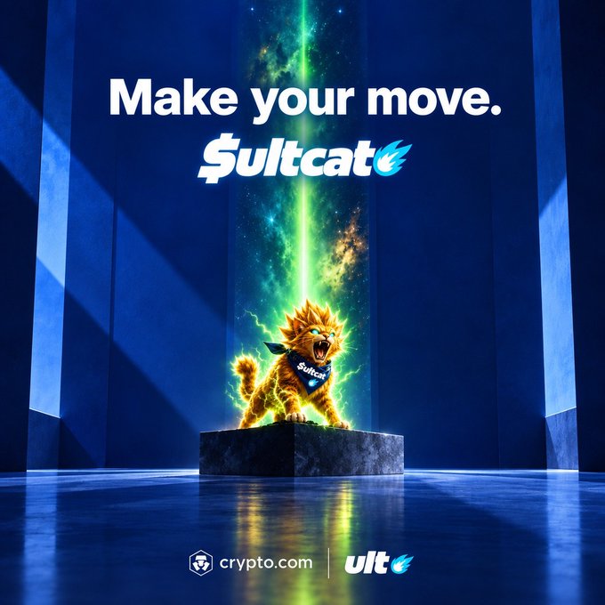 A promotional advertisement for 'Şultcat' (a crypto token) featuring a fierce, lightning-wreathed feline creature roaring on a pedestal, with the text 'Make your move' and logos for crypto.com and ULT at the bottom.