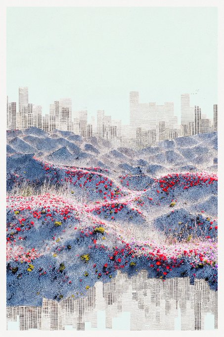 An artistic print depicting a city skyline with skyscrapers layered over textured blue mountains dotted with red flowers.
