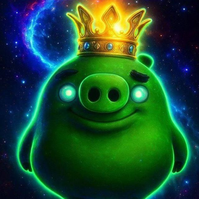 A glowing green pig character wearing a golden crown against a cosmic, starry background.