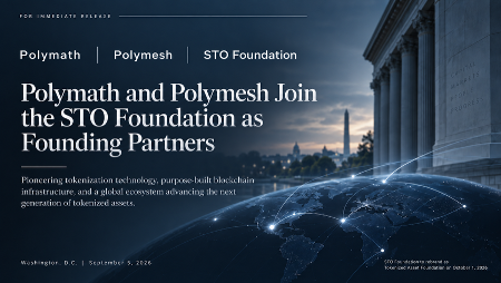 An article header from STO Foundation reads 'Polymath and Polymesh Join the STO Foundation as Founding Partners' above a graphic of a glowing globe.