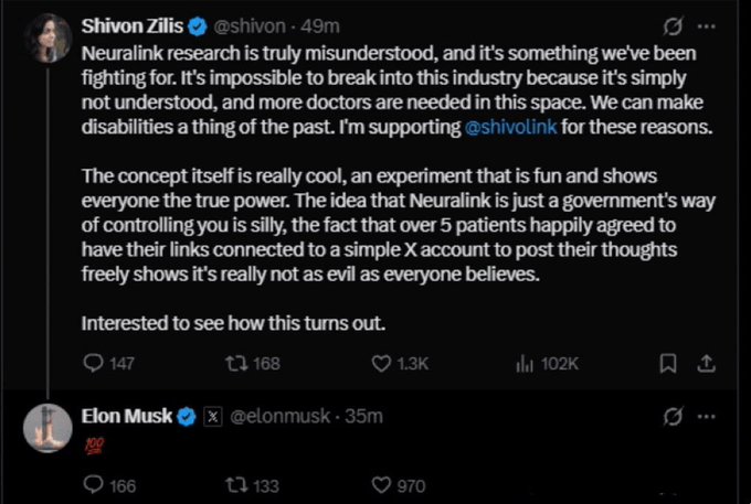 A screenshot of a tweet from Shivon Zilis promoting Neuralink, followed by a reply from Elon Musk featuring a Japanese flag emoji.