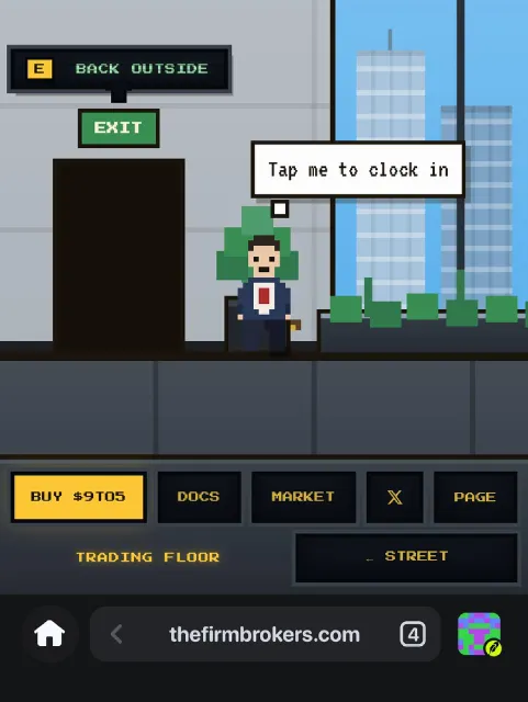 A pixel-art character in a suit stands near an exit sign in a "Trading Floor" location, with a speech bubble prompting to "Tap me to clock in," a "BUY $9T05" button, and the website "thefirmbrokers.com" displayed—showing the in-game interface of Chain Brokers where the user can clock in to earn hourly wages in USDG or $FRONG as mentioned in the post.