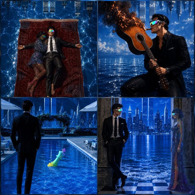 A four-panel collage showing surreal scenes including a couple on a flying carpet, a man playing a burning guitar, a man by a pool with a bottle, and a man and woman in elegant attire against a cityscape.
