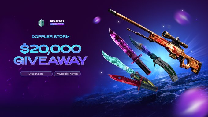 The image features a poster for an event called "Docker Storm" with various knives and swords displayed against a purple background. The text on the poster includes the words "Docker Storm", "20,000 Giveaway", and "OGS CS2 Team". It seems that there is a connection between the event and the og.dexsport team, as they are both competing in an online gaming event called "og.dexsport" where fans can bet on their favorite teams directly through the website.