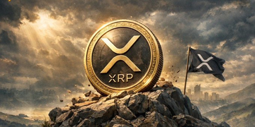 A triumphant golden XRP coin stands atop a rocky peak beside an XRP flag, symbolizing the cryptocurrency as a hard-won financial milestone, with "XRP" inscribed on the coin matching the ticker highlighted in the post's comparison between housing costs and crypto investment potential.