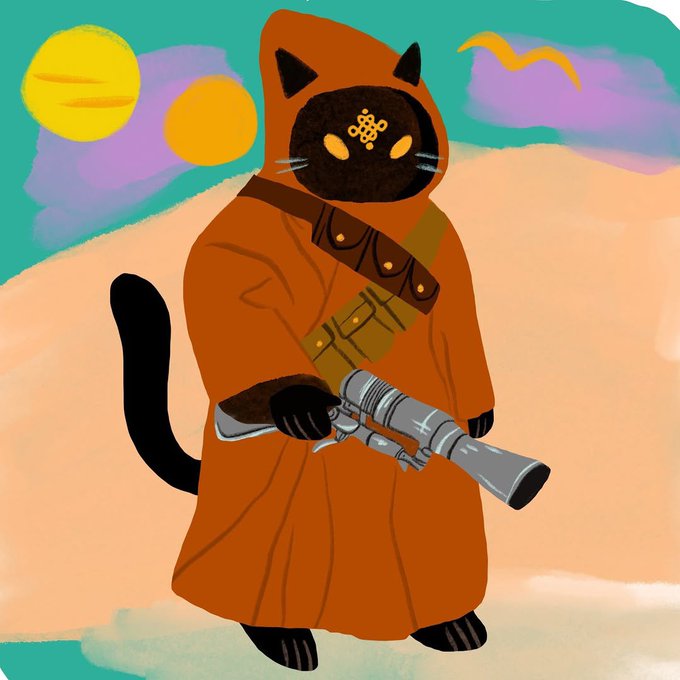The image features a cat dressed as a character from Star Wars, wearing an orange robe with a hood and holding a gun. The cat appears to be in a fighting stance or ready for action, which adds to the overall theme of resistance against chaos. The background includes planets and stars, further emphasizing the space-themed setting. The image is accompanied by a caption that reads "Gritual Siggy didn't choose chaos Chaos chose Siggy This isn’t the cute version This is resistance This is defiance This is the moment the multiverse fights back Drawn for @ritualnet Forged in fire Built to survive the collapse And this is only the beginning @Jez_Cryptoz".