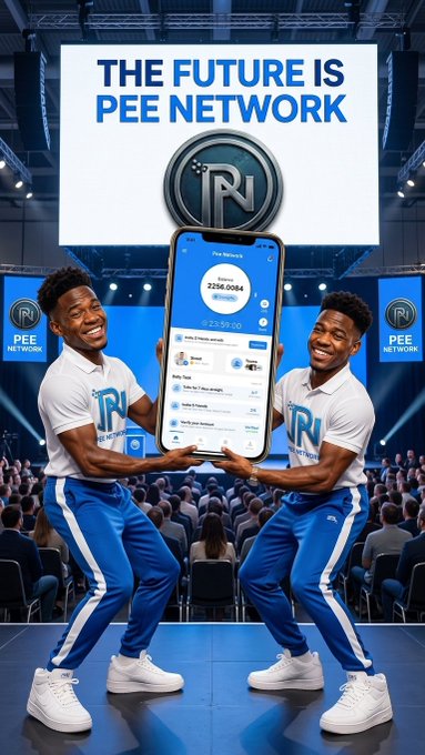 Two smiling men in matching white and blue Pee Network-branded outfits dance on stage at a conference, holding up a giant smartphone displaying the Pee Network app with a balance of "2,156,684" beneath a banner reading "THE FUTURE IS PEE NETWORK." The image visually reinforces the post's message by showcasing Pee Network's emphasis on accessibility and real-world utility, with the presenters embodying the human-centered, approachable ecosystem the project is building.