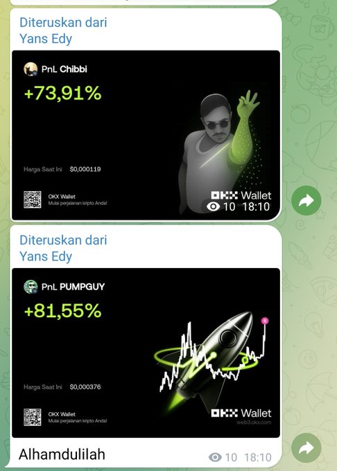 A screenshot of a Telegram chat showing two forwarded crypto performance cards from OKX Wallet, displaying gains of +73.91% (PnL_Chibbi) and +81.55% (PnL_PUMPGUY) with the message "Alhamdulillah," celebrating Solana's strong weekend performance.