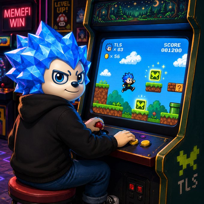 A blue-haired animated character in a black hoodie sits at an arcade cabinet playing a platformer game, with a neon 'MEMEFI WIN' sign visible in the arcade background.
