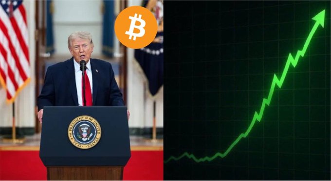 President Trump stands at a podium with the presidential seal and a Bitcoin logo, alongside a rising green graph, symbolizing the anticipated massive growth in cryptocurrency markets as the Clarity Act advances.