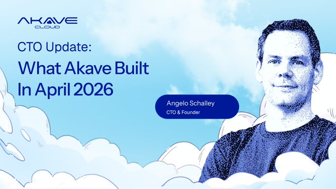 The image features a man wearing a blue shirt with his arms crossed, looking at the camera. The background of the image shows clouds against a sky backdrop. There are two texts visible in the image that read "What Akave Built" and "CTO Update: What Akave Built in April 2026". These texts seem to be related to the content displayed on the poster or banner behind the man, which is likely an advertisement for a product or service.