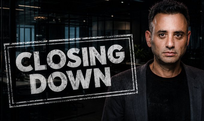 A serious-looking man in a dark blazer stands in a dimly lit setting next to a large "CLOSING DOWN" stamp graphic, visually reinforcing the post's announcement about a tough crypto market discussion airing on the Crypto Banter YouTube channel.
