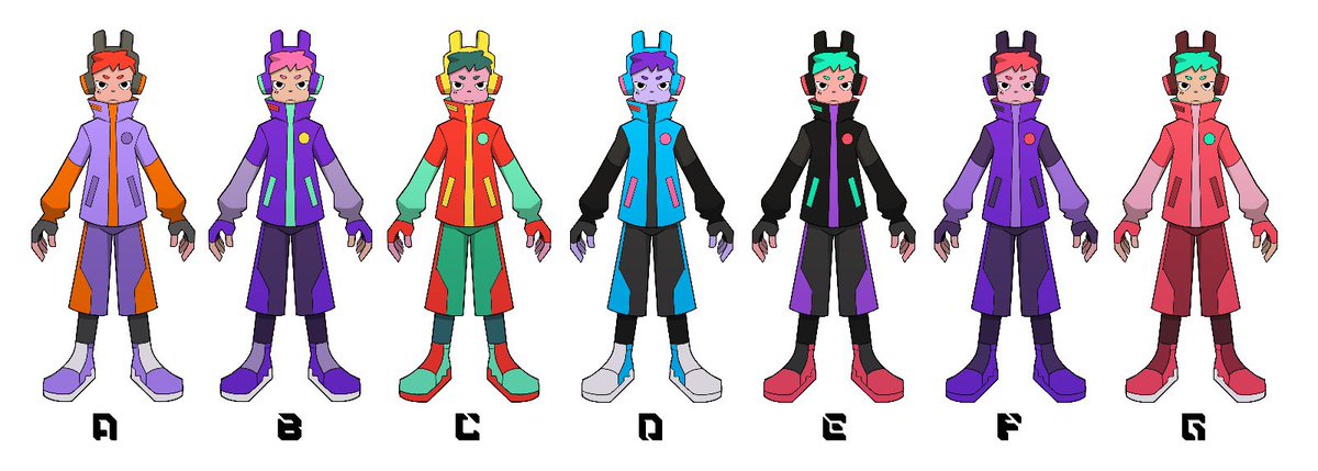 Seven pixel-art character sprites labeled A through G display varying futuristic jacket and headphone color combinations, illustrating the creator's process of exploring character designs for the Volt world before development on larger game mechanics.