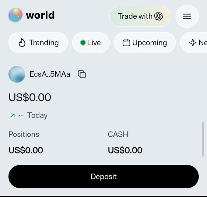 A screenshot of the "world" app interface showing a balance of US$0.00, with tabs for Trending, Live, and Upcoming, and a black Deposit button at the bottom.