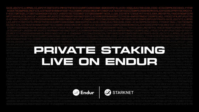A promotional graphic with the text 'PRIVATE STAKING LIVE ON ENDUR' over a background of scrolling hexadecimal characters, featuring logos for Endur and STARKNET.