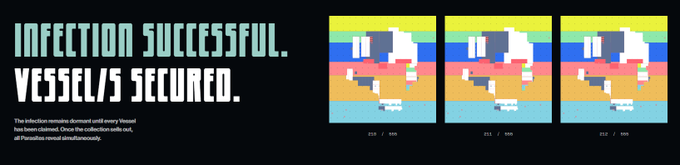 A glitchy terminal-style display showing 'INFECTION SUCCESSFUL. VESSEL/S SECURED.' with three pixelated distorted images labeled 013, 011, and 012, describing that an infectious remnant called 'Pertussis' has been claimed.
