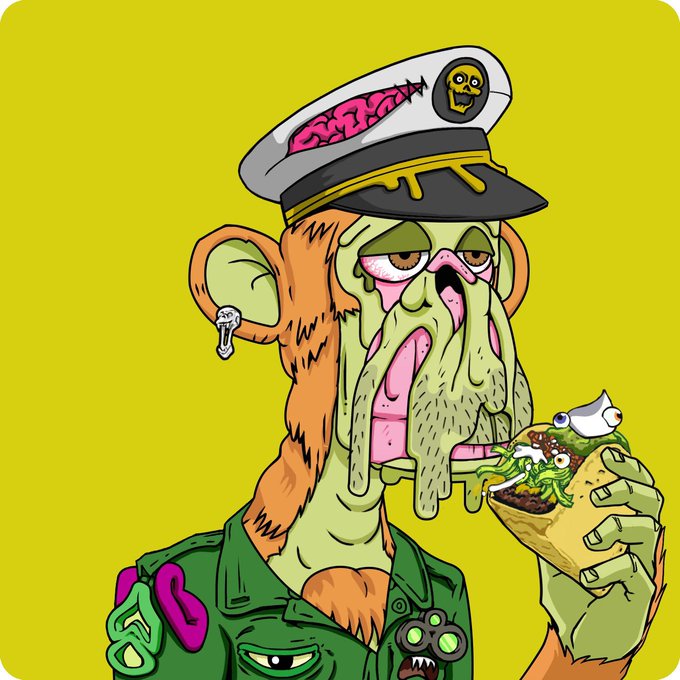 Digital illustration of a grotesque, melting zombie-like monkey character wearing a military cap and green jacket, holding a partially eaten taco against a yellow background.