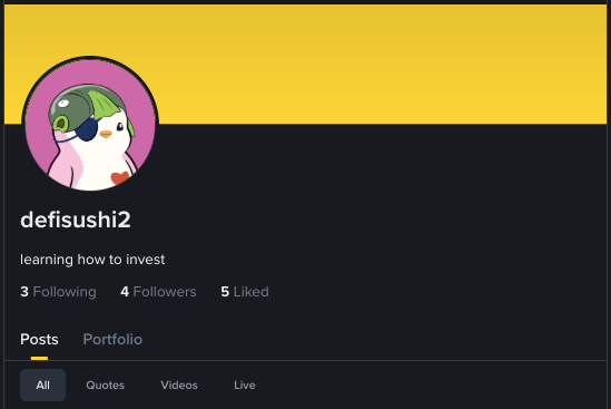 A social media profile for 'defisushi2' with the bio 'learning how to invest', showing 3 Following, 4 Followers, and 5 Liked posts, with tabs for Posts, Quotes, Videos, and Live.