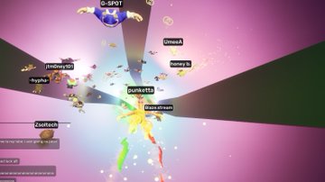 A virtual metaverse space screenshot showing various user avatars with usernames like O-SPOT, Bman8, JmJay, jhoon_0101, and PRINCE-PEKO floating in a colorful 3D environment.