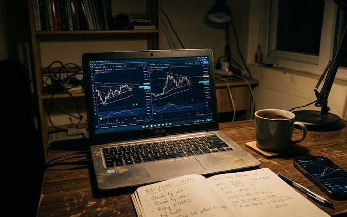 A dimly lit trading workspace showing a laptop running a candlestick chart with two panels, an open notebook with trading notes including 'BTC/USDT 2016', a coffee mug, a pen, and a smartphone.