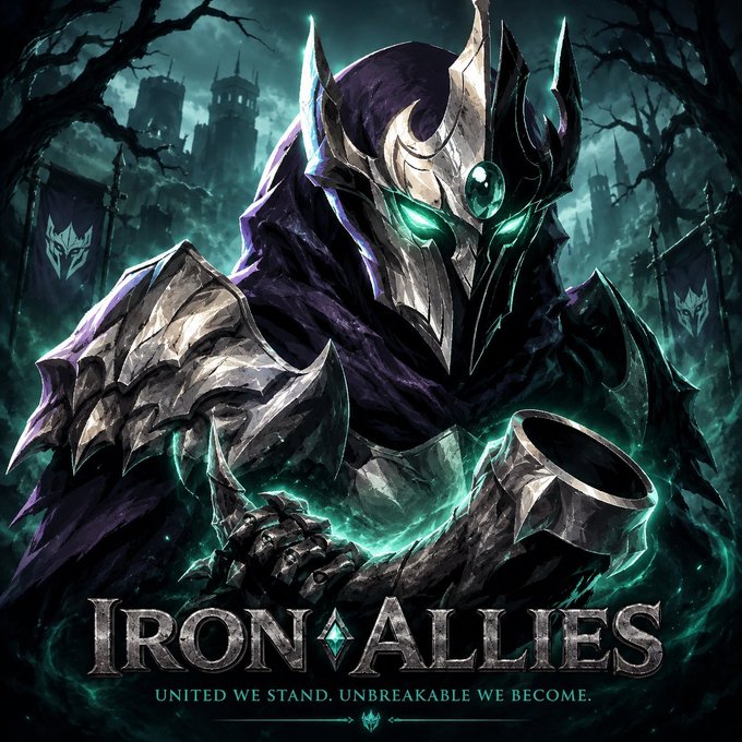 Promotional artwork for "IRON ALLIES" features an armored warrior with glowing green eyes and a purple cloak, with the tagline "UNITED WE STAND. UNBREAKABLE WE BECOME."