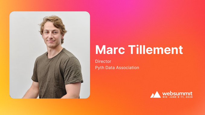 The image features a man wearing a green shirt sitting down with his hands resting on his knees. The background of the image has a gradient color scheme that transitions from red at the top to orange at the bottom, creating an eye-catching visual effect. The text "Marc Tillement" is displayed in white letters above the man's head, and "Pyth Data Association" is written below him.