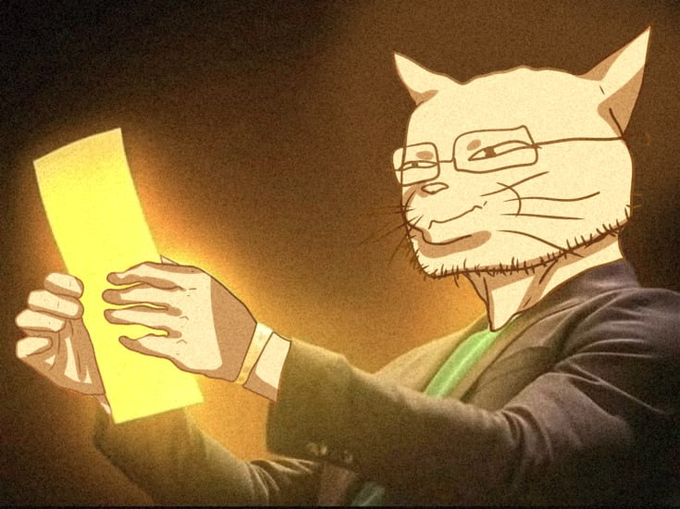 An illustrated cat in a suit and glasses examines a glowing yellow paper intently, as if discovering a promising opportunity. The image ties into the post's warning about an ambitious plan to launch 10-20 Pepe-style memecoins simultaneously, with the cat's focused expression suggesting careful scrutiny of this bold strategy.