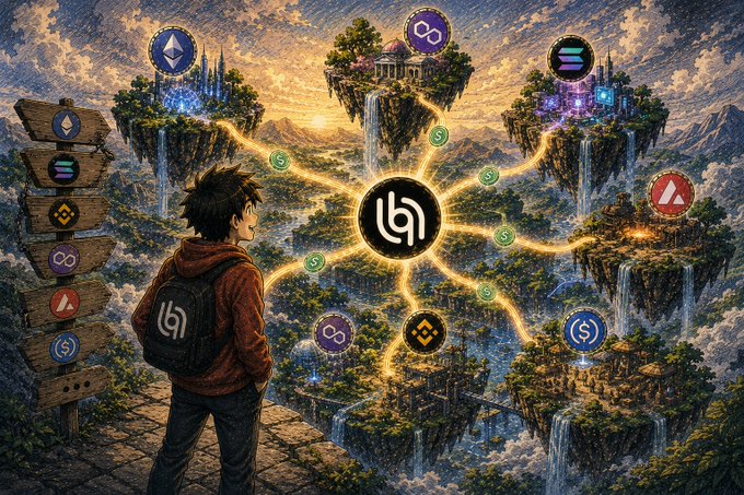 A digital illustration of a young man with a backpack standing at an overlook facing floating islands connected by glowing paths, with various cryptocurrency logos including Ethereum, Solana, and Bitcoin scattered around.