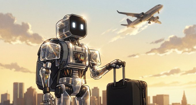 A 3D-rendered robot with glowing eyes holds a suitcase at sunset while an airplane flies overhead above a city skyline.