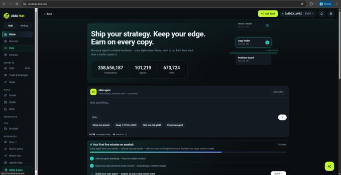A dark-themed dashboard interface for 'AMA Hub' displaying the text 'Ship your strategy. Keep your edge. Earn on every copy.' with statistics showing 358,656,187 Transactions, 101,219 Agents, and 670,724 Wallets.