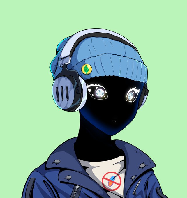 A stylized anime-style character with a black void-like face, glowing diamond-shaped eyes, a blue beanie, and headphones wears a denim jacket featuring a "no pills" symbol, matching the post's anti-establishment tone promoting a free, public Robinhood mint without whitelist restrictions.