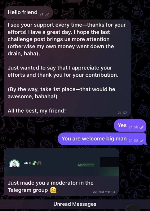 A Telegram chat screenshot showing a conversation where someone thanks another for their support, and then makes them a moderator in the Telegram group.