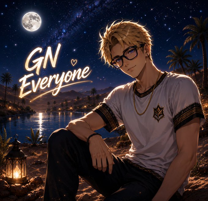 An anime-style character with blonde hair and glasses sits peacefully by a moonlit oasis, with the glowing text "GN Everyone ♥" floating in the starry night sky above, perfectly matching the post's "Good Night" message to CT. A lantern glows warmly in the foreground, adding to the tranquil, restful atmosphere of the scene.