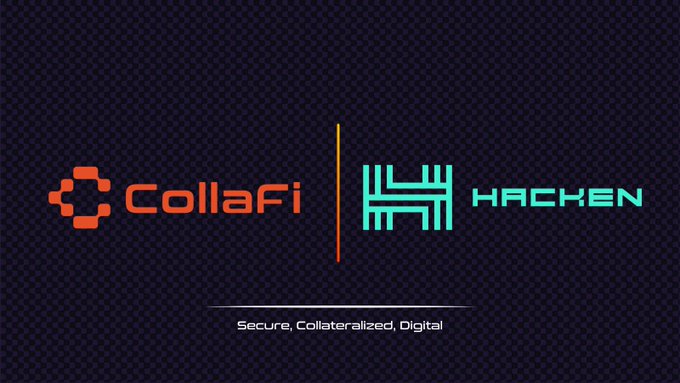 A promotional graphic featuring the CollaFi logo in orange and the Hacken logo in cyan against a dark textured background, with the tagline 'Secure, Collateralized, Digital' below.