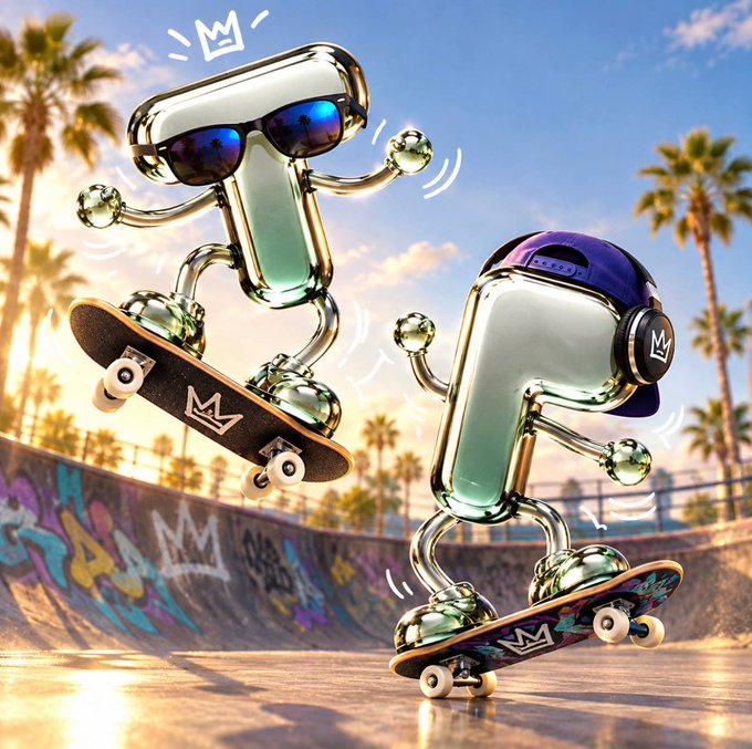 Two shiny chrome 3D characters with sunglasses and helmets skateboarding in a graffiti-covered skate park at sunset, with palm trees in the background.